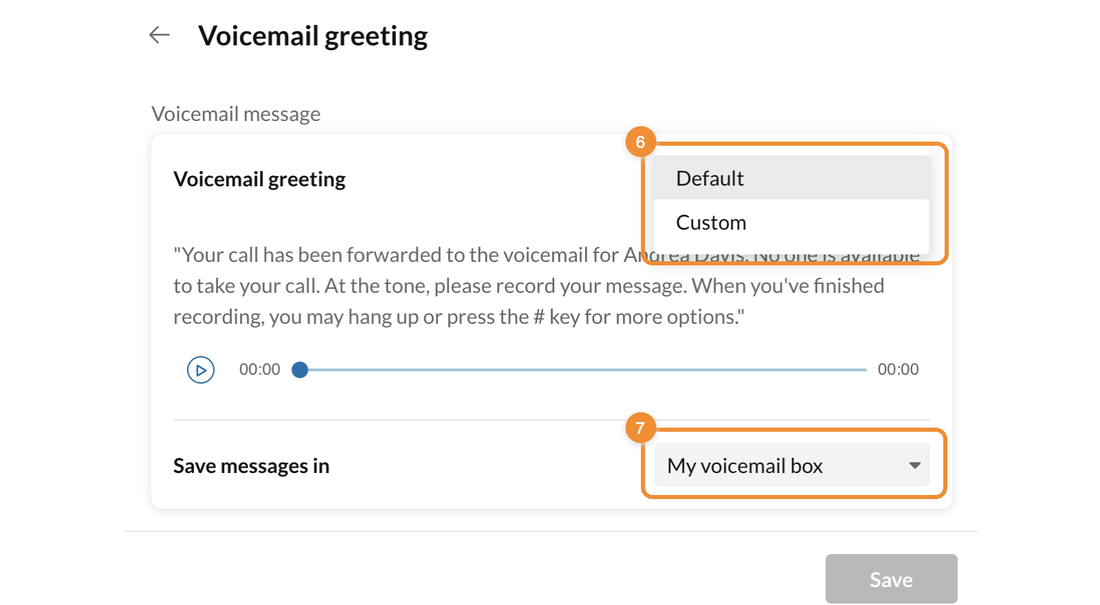 RingCentral Admin portal voicemail choices